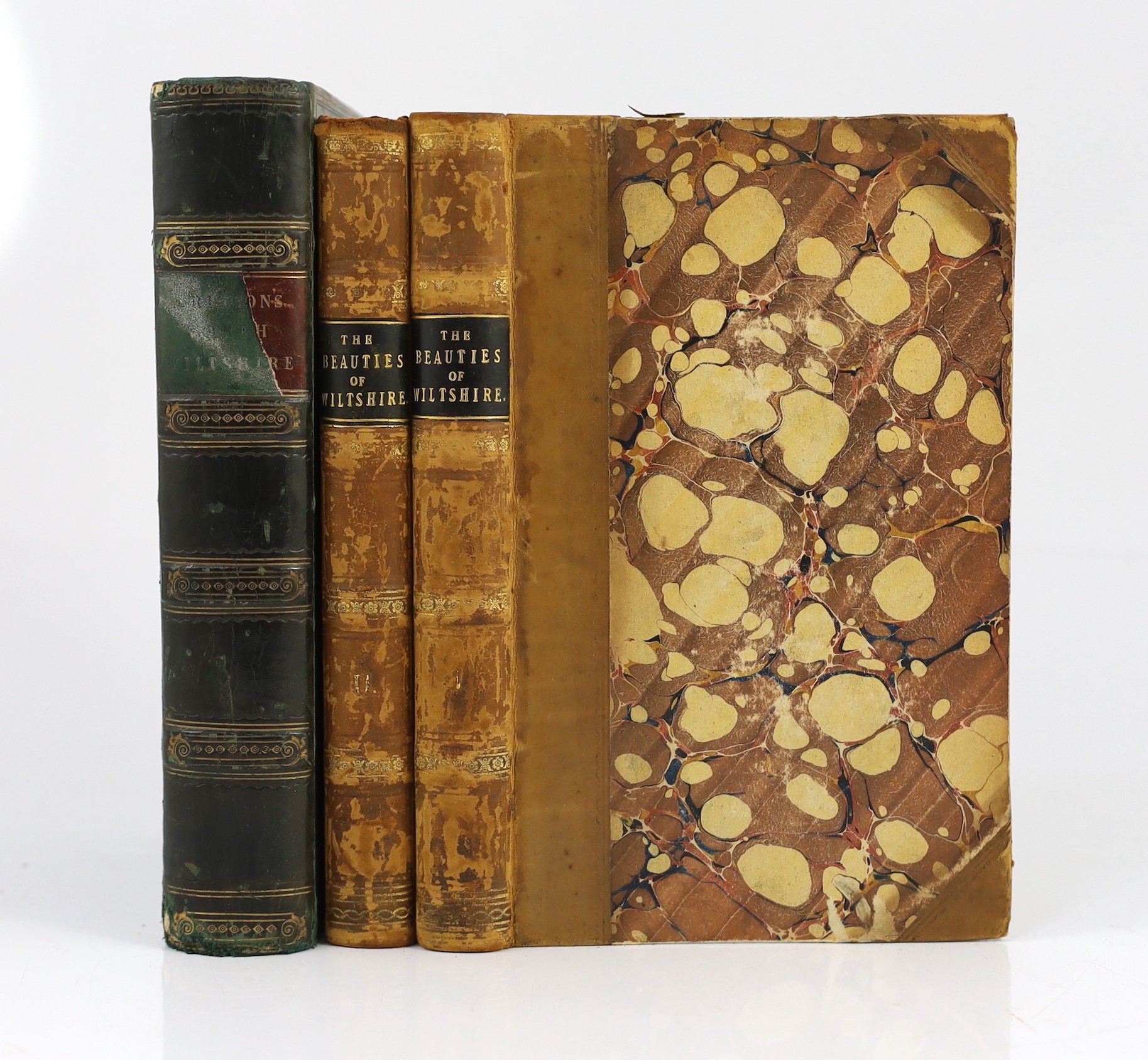 WILTS: (Britton, John) The Beauties of Wiltshire ... interspersed with anecdotes of the arts. 2 vols. engraved pictorial and printed titles, 14 plates; contemp. half calf and marbled boards, gilt-panelled spines and marb